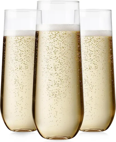 Vista 6 de Maaacute 24 copas de champán de plástico, 9 onzas, desechables, sin tallo, de mimosa, para tostar, copas de cóctel de plástico transparente