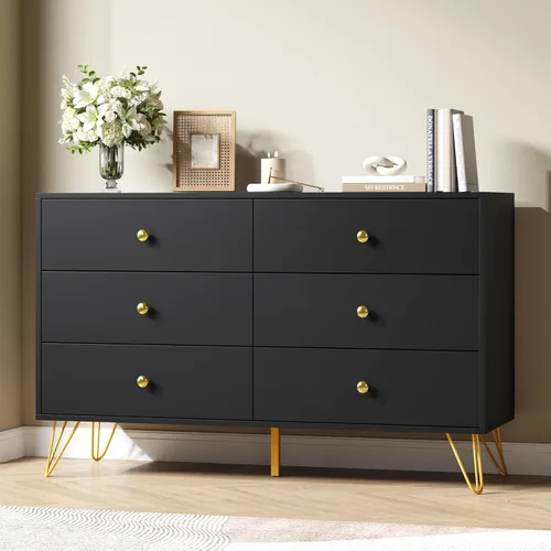 Cómoda negra para dormitorio, cómoda de 6 cajones con cajones anchos y asas de metal dorado, cómoda de madera moderna para sala de estar, pasillo,
