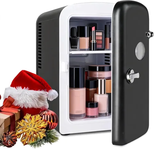 HealSmart 6L Mini Fridge with Observation Window, 9 Can Capacity, Freon-Free and Portable Cooler and Warmer, Cosmetics/Food/Beverage, Black New