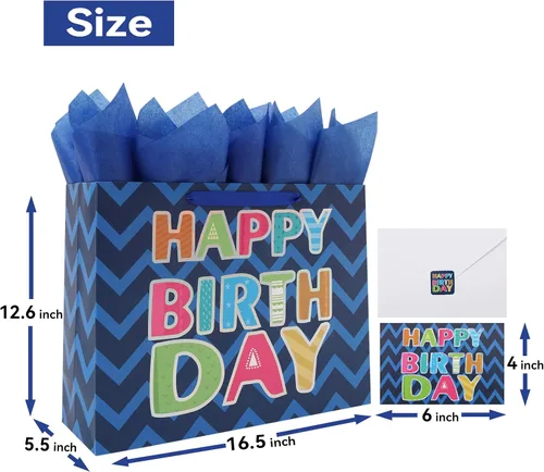 Vista 2 de Juego de bolsa de regalo de cumpleaños azul extragrande de 16.5 pulgadas con asas, tarjeta de felicitación, papel de seda y calcomanías
