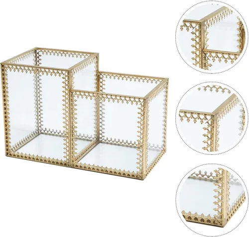 Vista 9 de ULTECHNOVO Two-compartment Glass Makeup Brush Holder Cosmetic Storage Organizer with Lace Design for Vanity Desk and Jewelry Display
