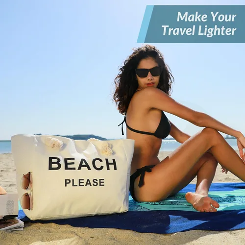 Vista 2 de TESALATE Bolsa grande de lona para playa con cremallera para mujer, para nadar, viajar, ir de compras, gimnasio y vacaciones en la playa