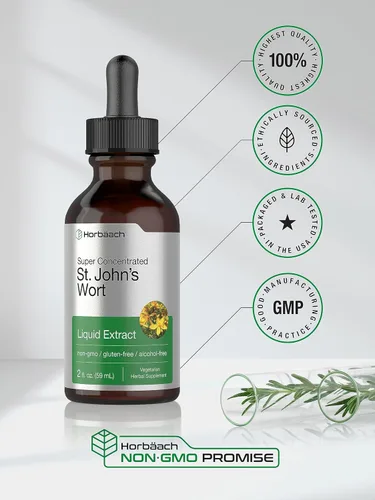 Vista 5 de Horbäach St Johns Wort Tintura 2 onzas líquidas Sin alcohol Extracto líquido vegetariano Suplemento sin OMG, sin gluten