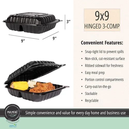 Vista 2 de MULMEHË Recipientes de comida para llevar con bisagras de plástico de polipropileno relleno mineral ecológico, 9 x 9 x 3, ventilado tres