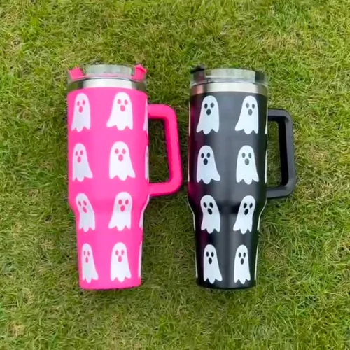 Vista 7 de Lashicorn Ghost Boo - Vaso de 40 onzas con asa, diseño moderno de Halloween, con tapa y pajilla, diseño en blanco y negro