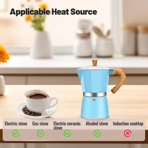 Vista 4 de Cafetera clásica de aluminio para 3 tazas, cafetera espresso de 5.1 fl oz, 5 onzas, cafetera de moca, olla greca, cafetera para café italiano y Azul