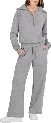 Caracilia Conjunto deportivo de dos piezas para mujer, sudadera de gran tamaño con cremallera de un cuarto, pantalón de pierna ancha, conjunto de