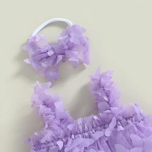 Vista 3 de Vestido de princesa para bebé niña 3D de malla de mariposa morada, sin mangas, de tul + diadema