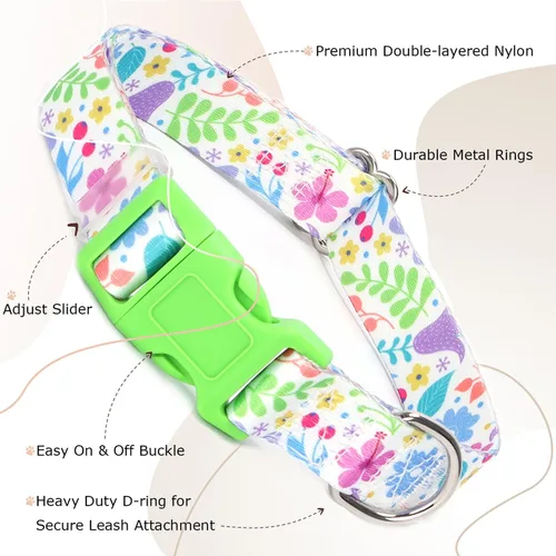 Vista 3 de Lindo collar de perro con patrones de flores verdes para perros machos y hembras, collares ajustables y cómodos para perros XS, pequeños, medianos