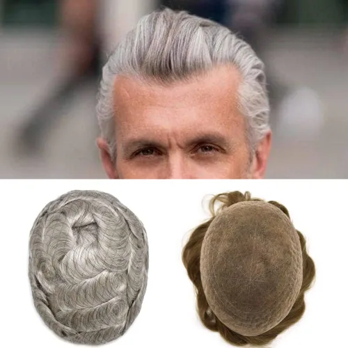 Vista 12 de Tupé para hombre, pieza de cabello humano real, sistema de reemplazo de piezas de cabello para hombres, encaje suizo suave, nudos blanqueados, línea