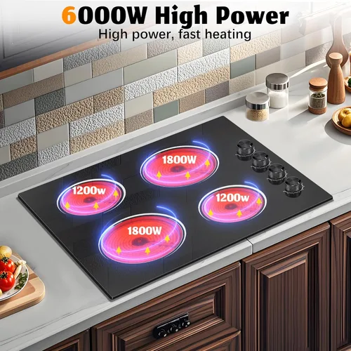Vista 4 de Estufa eléctrica de 4 quemadores con control de perillas, de 24 pulgadas, estufa eléctrica radiante incorporada de 6000 W, 9 niveles de potencia