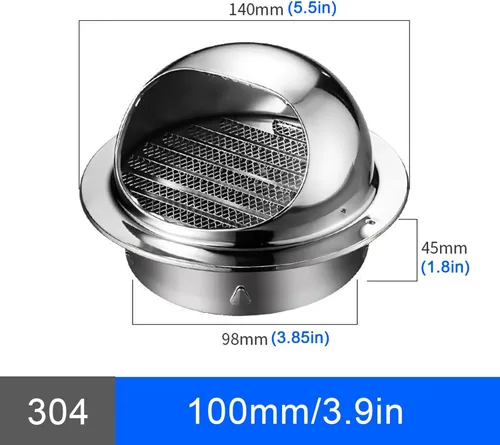 Vista 4 de Tapa de ventilación de aire de acero inoxidable 304, cubierta de salida de ventilación de pared redonda, tapa de lluvia de chimenea de campana