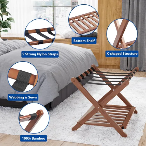 Vista 3 de Smuxee Portaequipajes de nogal totalmente montado, soporte de maleta plegable de bambú mejorado con 5 correas de nailon, soporte de equipaje