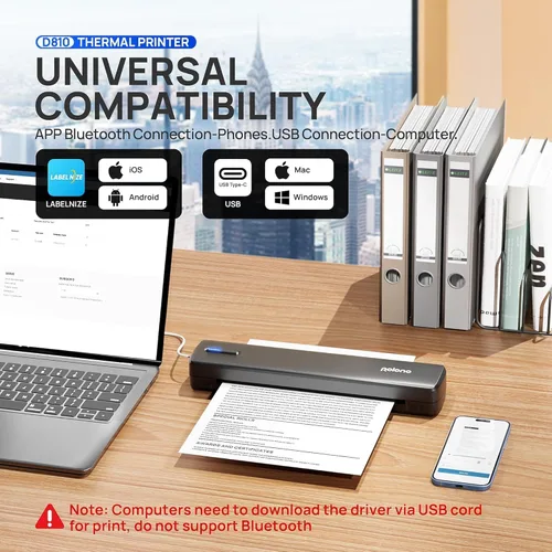 Vista 2 de POLONO Impresora portátil, impresora térmica Bluetooth sin tinta D810 inalámbrica para viajes, compatible con iOS, Android, laptop, compatible