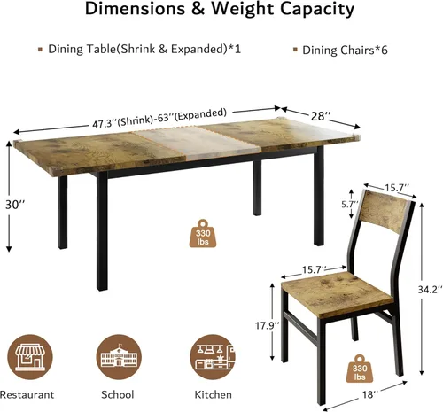 Vista 2 de iPormis Juego de mesa de comedor y sillas de 7 piezas para 4-6, mesa de cocina extensible de 63 pulgadas y 6 sillas, mesa de comedor con tablero