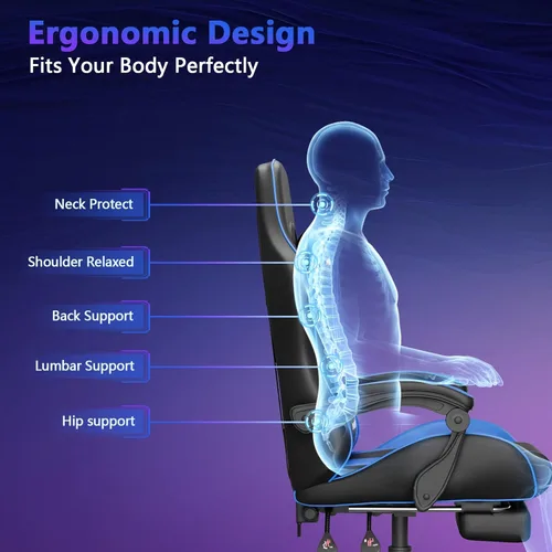 Vista 8 de Mr IRONSTONE Silla para videojuegos, silla de computadora con soporte lumbar de masaje y reposapiés ajustable en altura, silla de juego con asiento