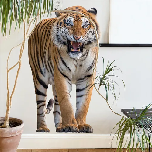 Vista 2 de Calcomanías de pared de tigre feroz, calcomanías de pared realistas de animales salvajes, vinilo extraíble para sala de estar, dormitorio