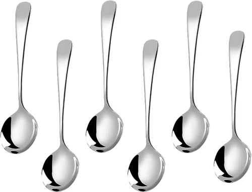 Vista 10 de Cucharas de sopa de metal, cucharas de acero inoxidable para sopa, redondas, coloridas, cucharas gruesas y de mango corto, cuchara de mesa de 6.3
