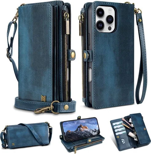 Vista 12 de Funda tipo cartera para iPhone 16 Pro Max con 8 tarjeteros, bloqueo RFID, piel sintética, función atril, abatible, correa de muñeca y correa