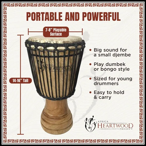 Vista 3 de Tambor Djembe africano tallado a mano, madera maciza, piel de cabra - Hecho en Ghana - 8x16