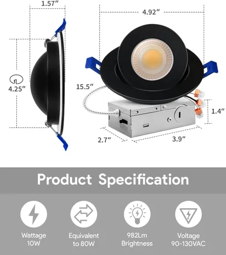 Vista 7 de Adetu luces LED empotrables de 4 pulgadas 5CCT con cardán en negro, iluminación empotrable direccional ajustable 360°+90°, luces de lata LED