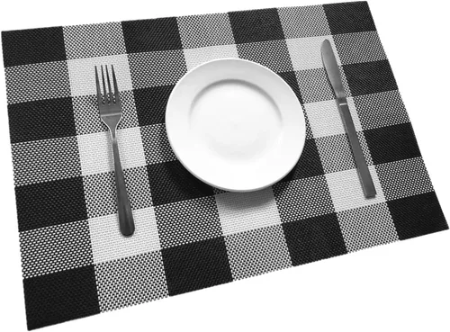 Juego de 4 manteles individuales de vinilo para mesa de cocina, de PVC, antideslizantes, lavables, para mesa de comedor, color blanco y negro