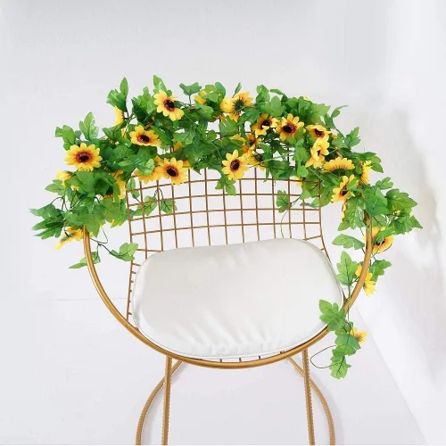 Vista 6 de Tira de luces de simulación de girasol, enredaderas colgantes, guirnalda de plantas, girasol artificial de seda, 100 luces LED para decoración