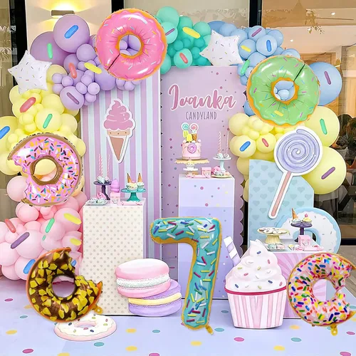 Vista 6 de 8 globos en forma de dona, decoraciones de globos de cumpleaños con forma de dona de caramelo, suministros de fiesta para niñas y niños, baby