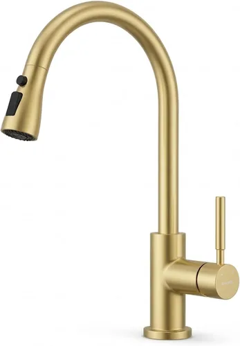 Vista 14 de WEWE Grifos de cocina con pulverizador desplegable, grifo de cocina de estilo granja en bronce cepillado con aceite, comercial, moderno, de arco