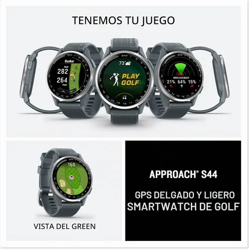Vista 8 de Garmin Approach® S44, reloj inteligente GPS esencial para golf, pantalla AMOLED, funciones en el campo, bisel de aluminio plateado con banda de Negro