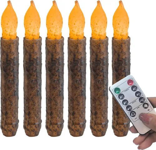 6PCS Primitive Taper Candle with Timer Remote Control,Real Wax Hand Dipped Rustic Flameless Candles Battery Operated for Halloween Christmas Country