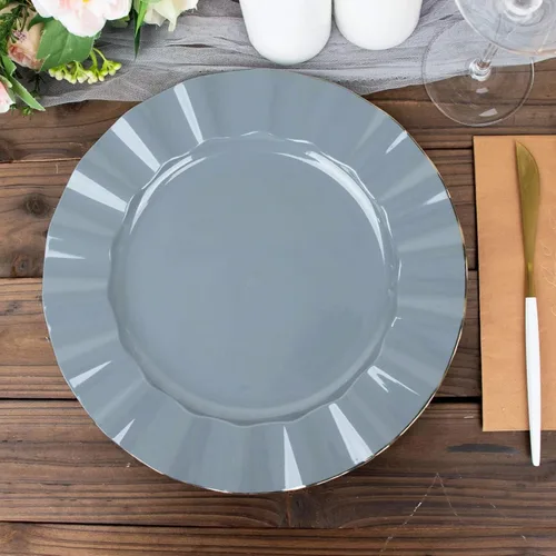 Vista 12 de Efavormart 10 Pack Platos redondos de plástico negro de 6" para postre y ensalada, platos desechables para aperitivos con borde ondulado dorado