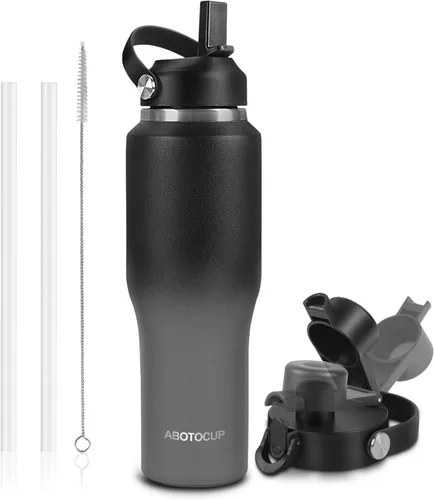 Vista 20 de ABOTOCUP Botella de agua aislada de 32 onzas, cabe en cualquier portavasos de automóvil, botella de agua con tapas con pajilla, termo de agua