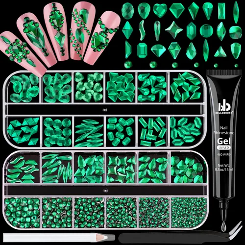 Vista 15 de Kit de pedrería para uñas BELLEBOOST, 15ml de pegamento de gel con strass + gemas coloridas + cristales de vidrio flatback AB y gemas transparentes