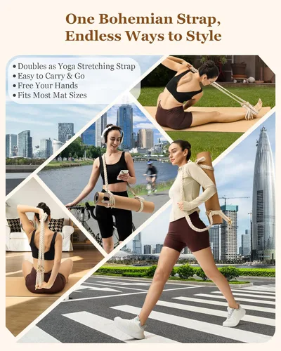 Vista 5 de Correas para esterilla de yoga para llevar, hechas a mano, trenzadas, bohemias, con borlas, correa de macramé, ajustable, gruesa, soporte