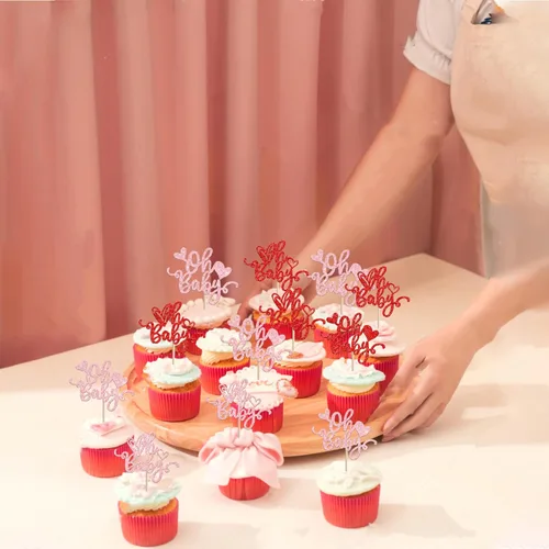 Vista 5 de 24 piezas de decoración para cupcakes con purpurina para el día de San Valentín, dulce amor, corazón, Oh Baby para magdalenas, temática del día