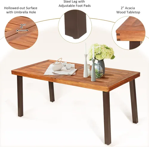 Vista 8 de Tangkula Patiojoy - Juego de comedor de 7 piezas, juego de conversación al aire libre con mesa superior de madera de acacia y 6 sillas apilables