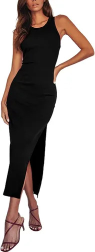 Antopmen Vestido redondo de espalda cruzada sin mangas acanalado vestido de punto con abertura lateral bodycon vestido midi strecthy