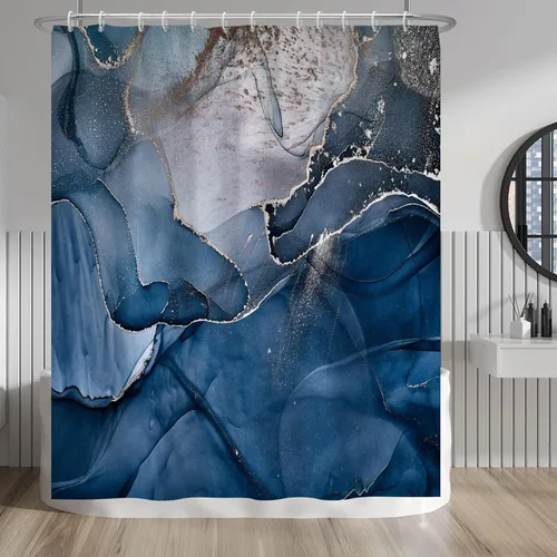 Vista 43 de Baocicco Cortina de ducha de mármol azul abstracto a rayas, decorativa, textura de lujo, línea moderna, decoración de acuarela, juego de cortinas