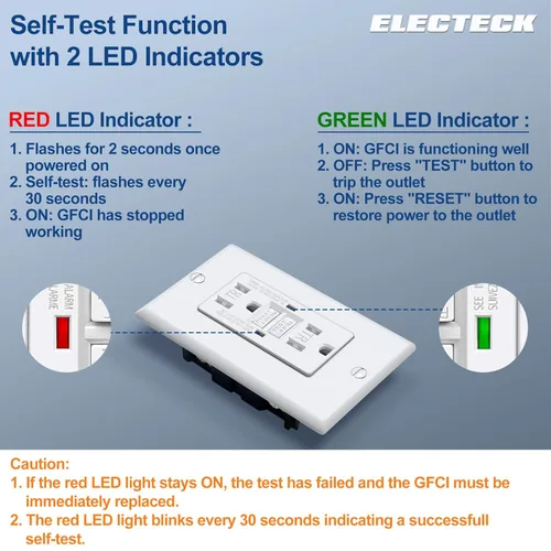 Vista 4 de ELECTECK Paquete de 10 Tomacorrientes GFCI de 15 Amperios, Resistentes a Manipulaciones (TR), Receptáculos GFI de Autoprueba con Indicador LED