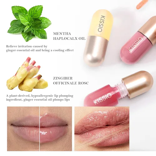 Vista 3 de KISSIO - Rellenador de labios, brillo labial con color, suero de labios con extractos de plantas, brillo hidratante para labios más voluminosos e