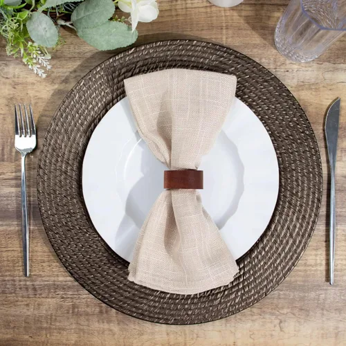 Vista 6 de Tableclothsfactory Paquete de 6 platos de carga de plástico acrílico marrón natural de 13 pulgadas tipo ratán, platos redondos desechables