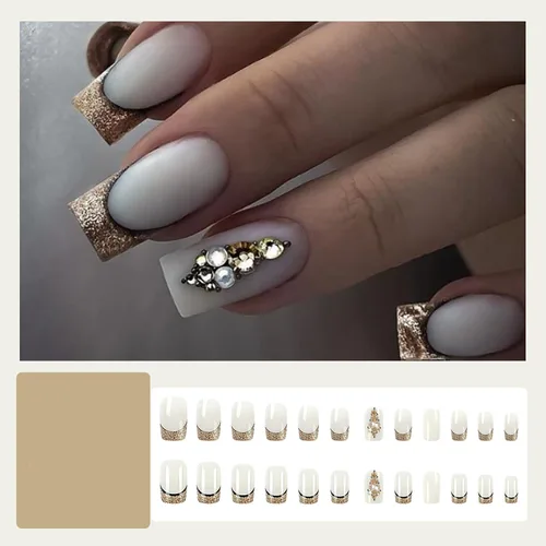 Vista 2 de Uñas postizas cuadradas medianas de color blanco leche con diseños de diamantes de imitación, cobertura completa, uñas adhesivas de punta francesa
