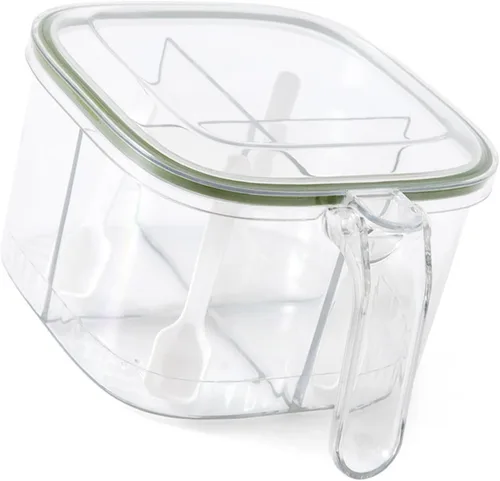 Vista 4 de Caja de condimentos con 4 compartimentos con tapa y 4 cucharas de servir, maceta transparente para especias y condimentos, contenedor de cocina
