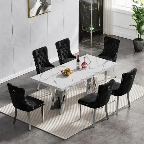 Vista 60 de Juego de 5 mesas de comedor, juego de mesa de cocina y comedor para 4, mesa de comedor rectangular de mármol sintético negro de 70 pulgadas con base