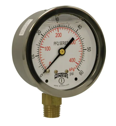 Vista 11 de Winters 2-1/2 "Tamaño del dial, medidor de presión industrial lleno de líquido, internos de latón, caja de acero inoxidable, doble escala 0-1,000