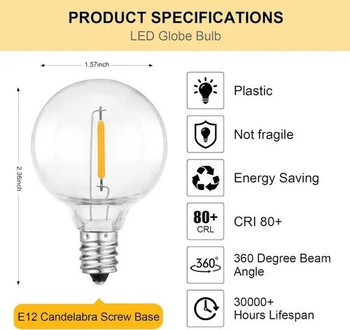 Vista 2 de Bombillas LED de repuesto G40, base de rosca E12, bombillas LED inastillables para candelabro para luces de cadena al aire libre 0.6W, bombillas