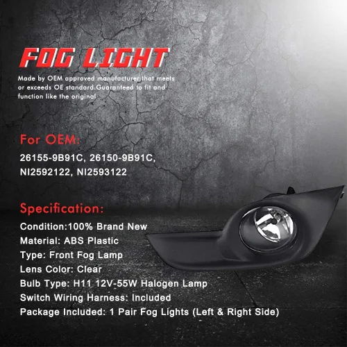 Vista 4 de Lámparas antiniebla de conducción de repuesto para Nissan Altima 2013 2014 2015 con bombillas halógenas H11 12V 55W y bisel negro cromado e