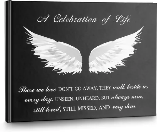 Vista 9 de Libro de invitados SOITIS para servicio conmemorativo - Libro de memorias de cuero para invitados funerarios para firmar con señal de mesa, libro