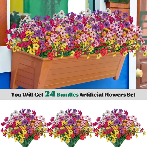 Vista 3 de 24 flores artificiales para exteriores, decoración de flores de plástico, resistentes a los rayos UV, arbustos, plantas artificiales para interiores